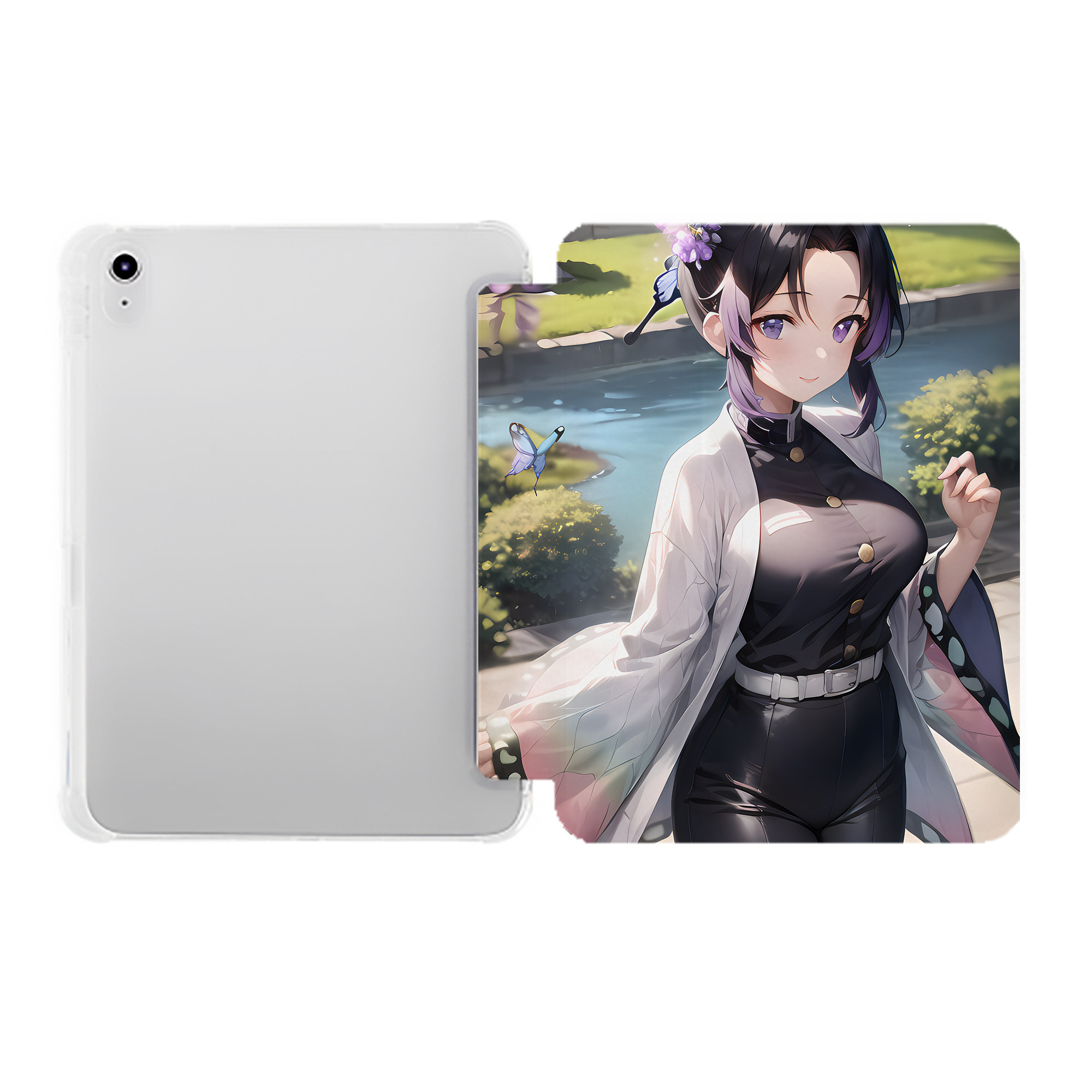 （画像用） 鬼滅の刃（きめつのやいば）蟲柱-胡蝶 しのぶ／こちょう しのぶ Kochou Shinobu IPad ケース ペン収納付き 三つ折りスタンド PUレザー×シリコン 対応機種9.5/10.5/10.9インチ